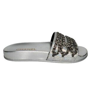 Chanel Metallic CC Chain Embellished Slides
